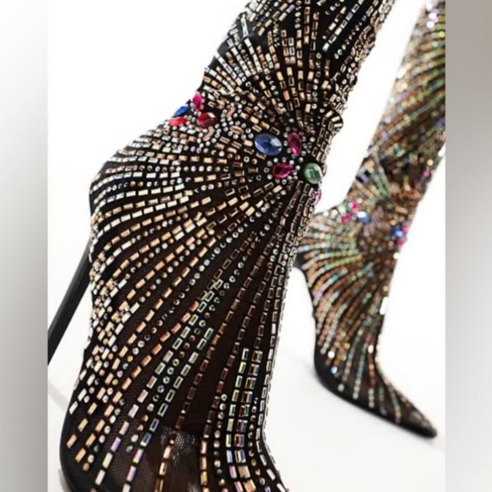 Azalea Wang RHINESTONE CRYSTAL Sheer HIGH Heel STILETTO Sock Boots Chevelle - Picture 5 of 11